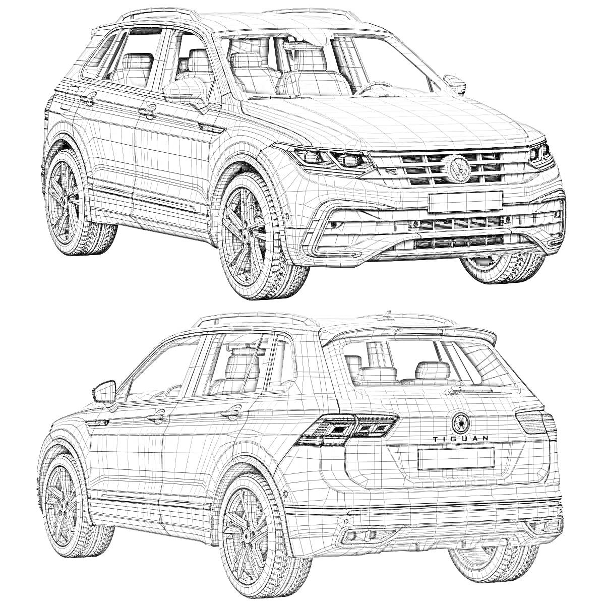 Раскраска Контурный рисунок автомобиля Volkswagen Tiguan, вид спереди и сзади