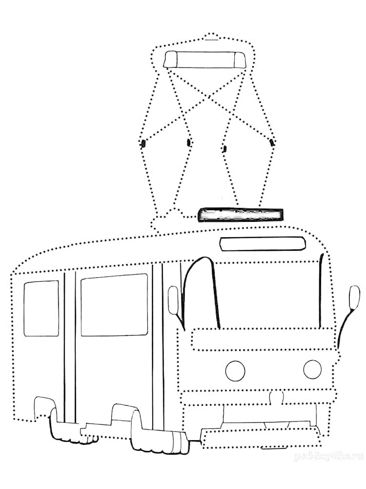 На раскраске изображено: Трамвай, Транспорт, Окна, Городской транспорт, Дверь