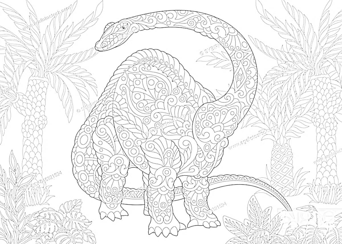 На раскраске изображено: Динозавр, Пальмы, Узоры, Антистресс, Природа