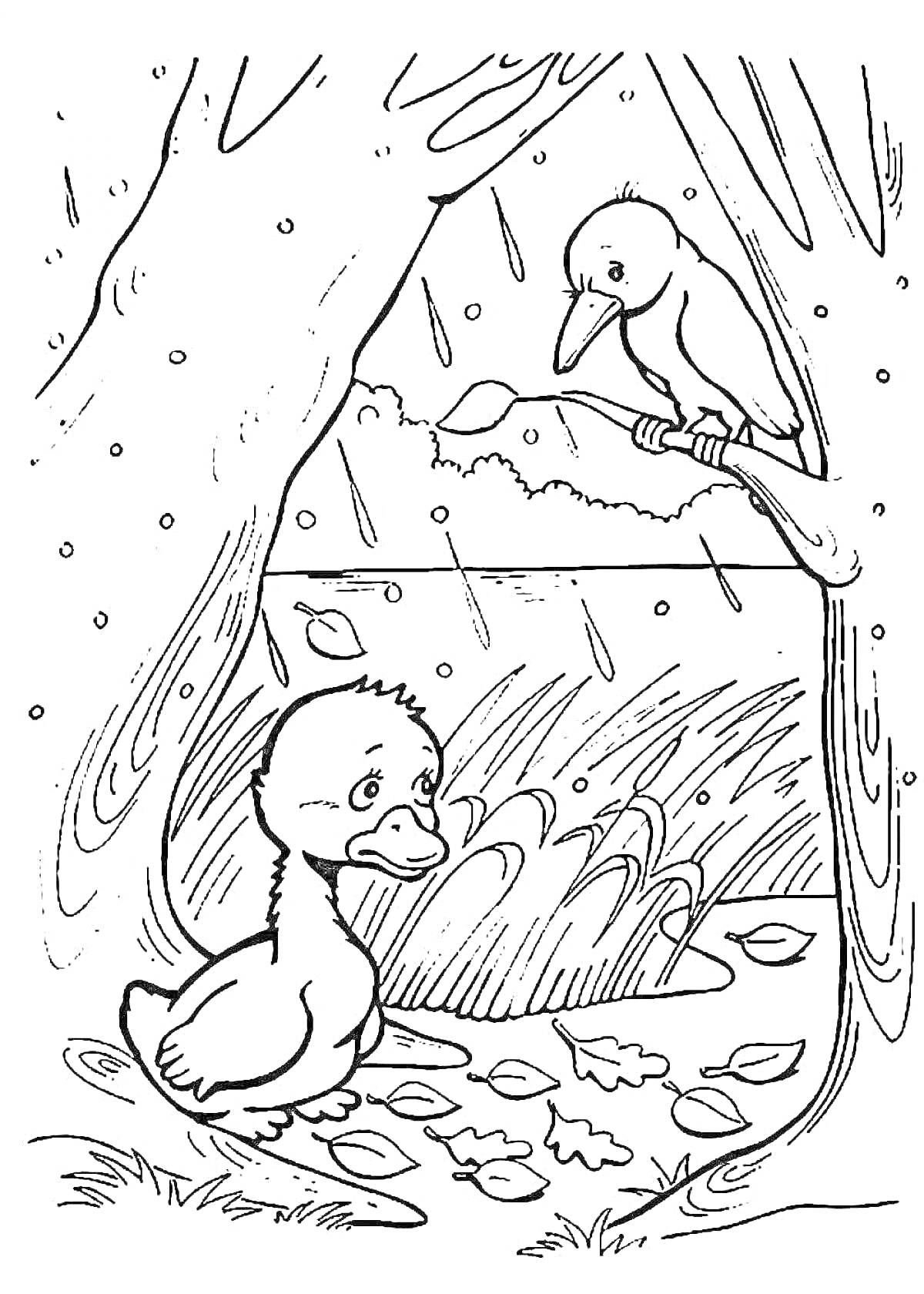 На раскраске изображено: Птица, Дождь, Река, Листья, Для детей, Гадкий утенок