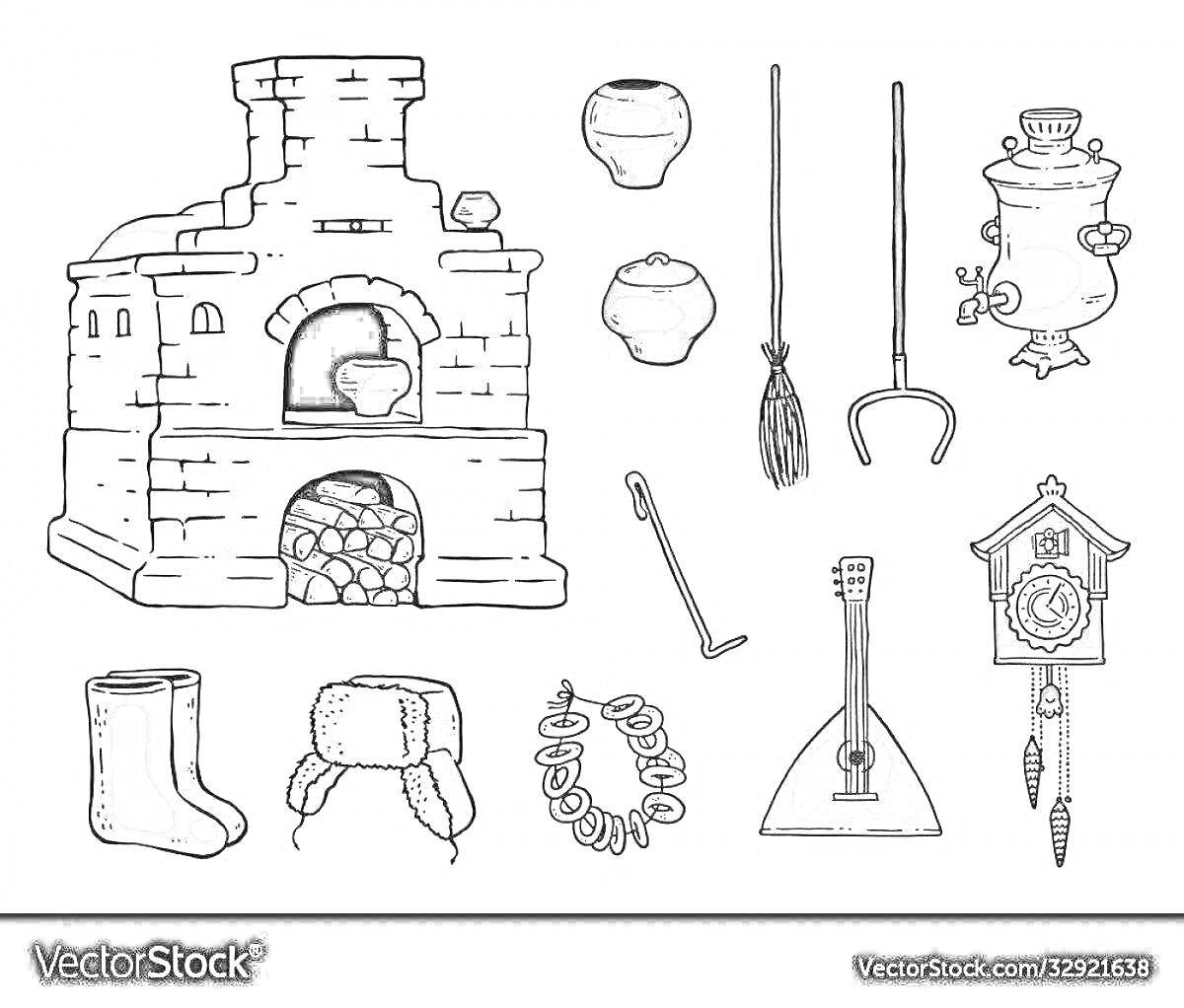 Раскраска Печь, горшки, ухват, кочерга, самовар, валенки, ушанка, баранки, балалайка, куранты