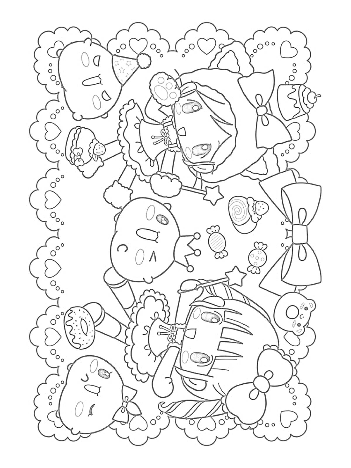Раскраска Кавайные персонажи с пирожными и конфетами