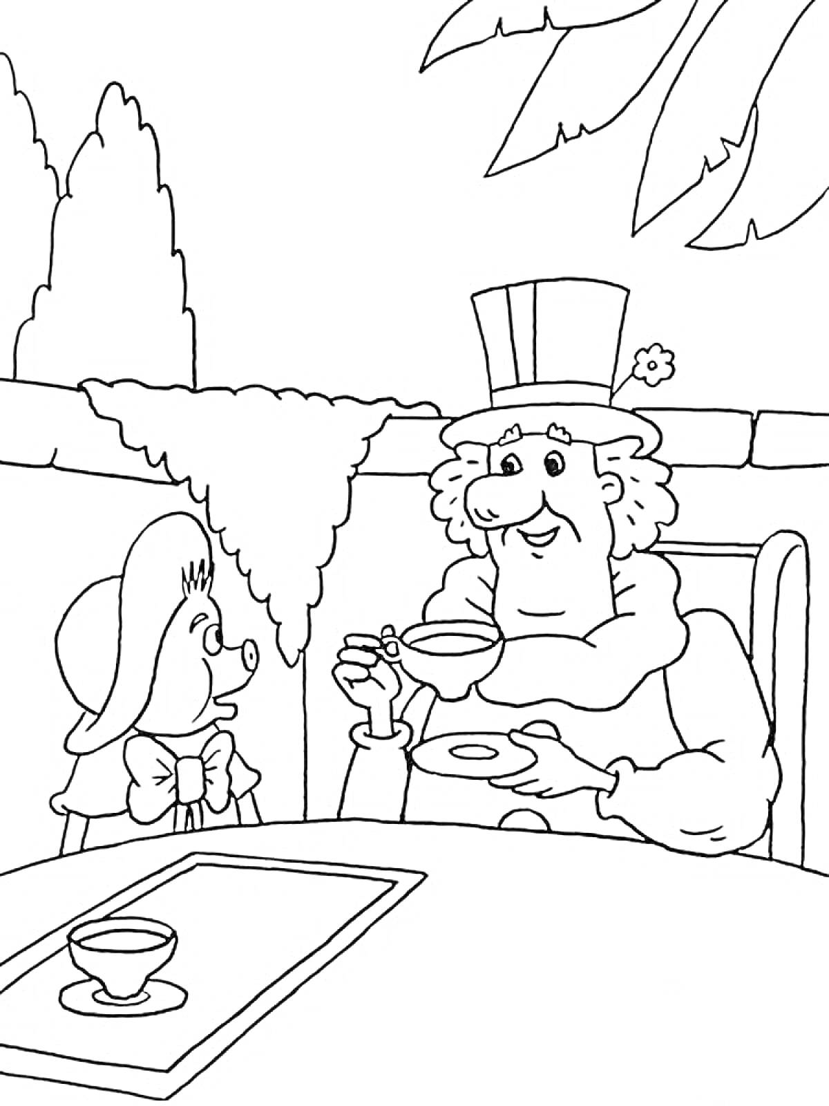 Фунтик и мужчина за столом на улице с чашками и блюдцами (под деревом)