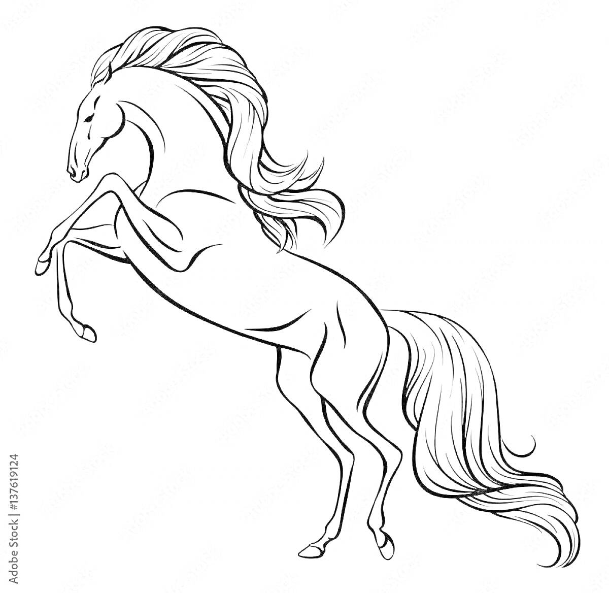 Раскраска Лошадь на дыбах с развивающейся гривой и хвостом, контурное изображение