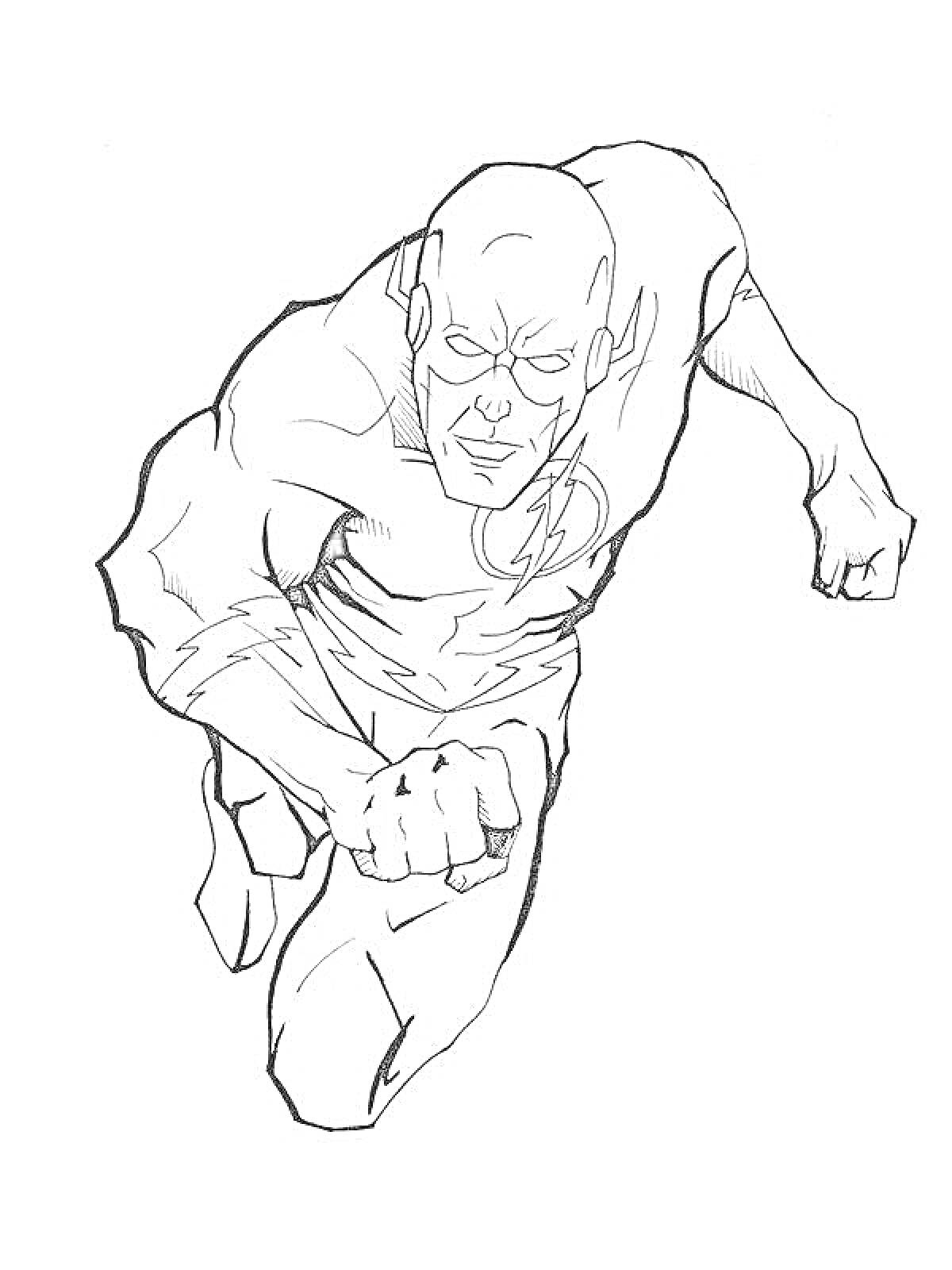 Раскраска Флеш в супергеройском костюме, бежит вперед с кулаком впереди