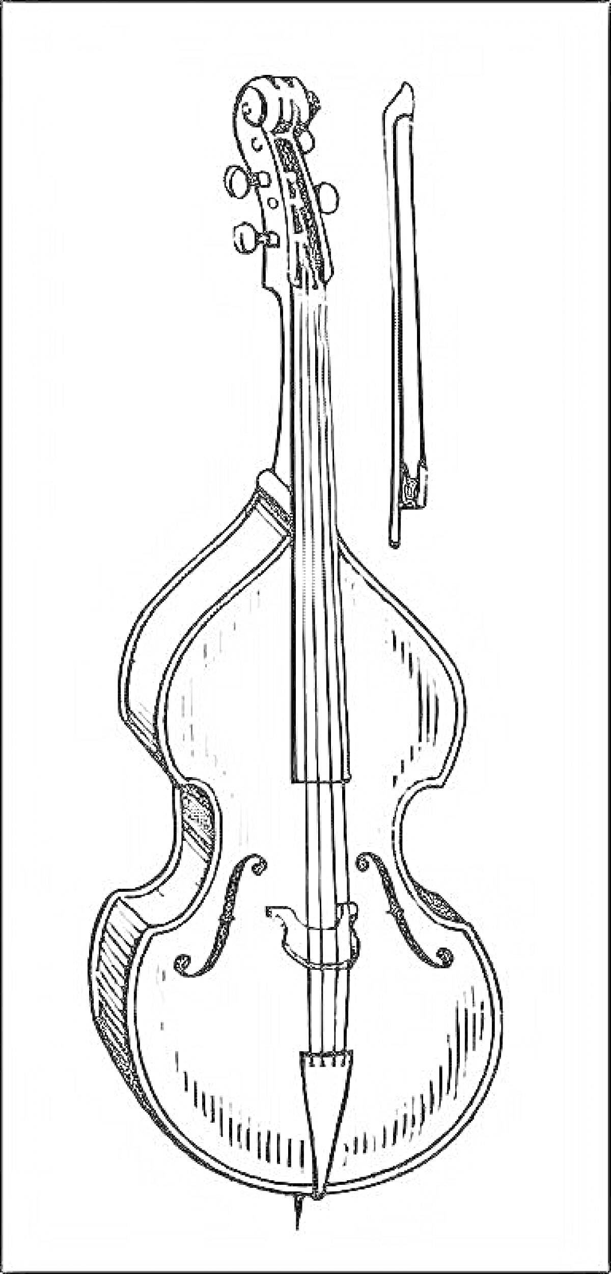На раскраске изображено: Контрабас, Смычок, Струнный инструмент, Классическая музыка, Музыкальные инструменты