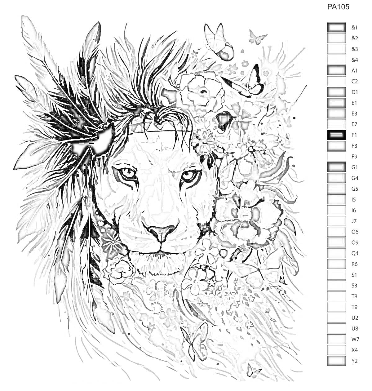 Раскраска Лев с цветами, бабочками и перьями