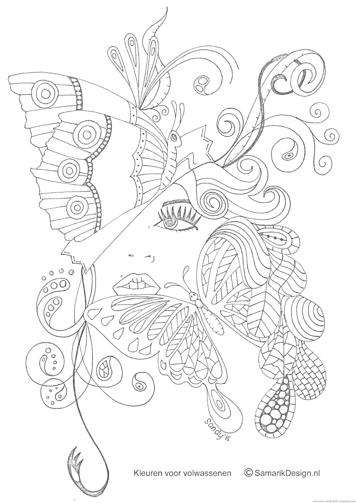 Раскраска Женский портрет с бабочками, узорами и завитками