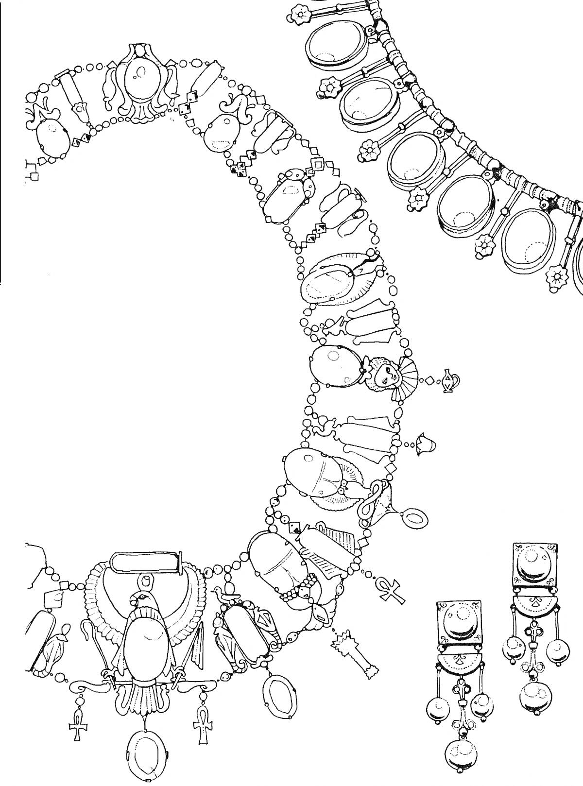 Раскраска Волшебные украшения, состоящие из ожерелья с элементами камей, медальонов и подвесок, серьги с камнями и цепочками