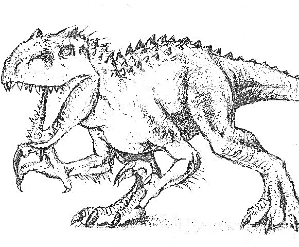 На раскраске изображено: Индоминус рекс, Динозавр, Когти, Пасть, Древний ящер