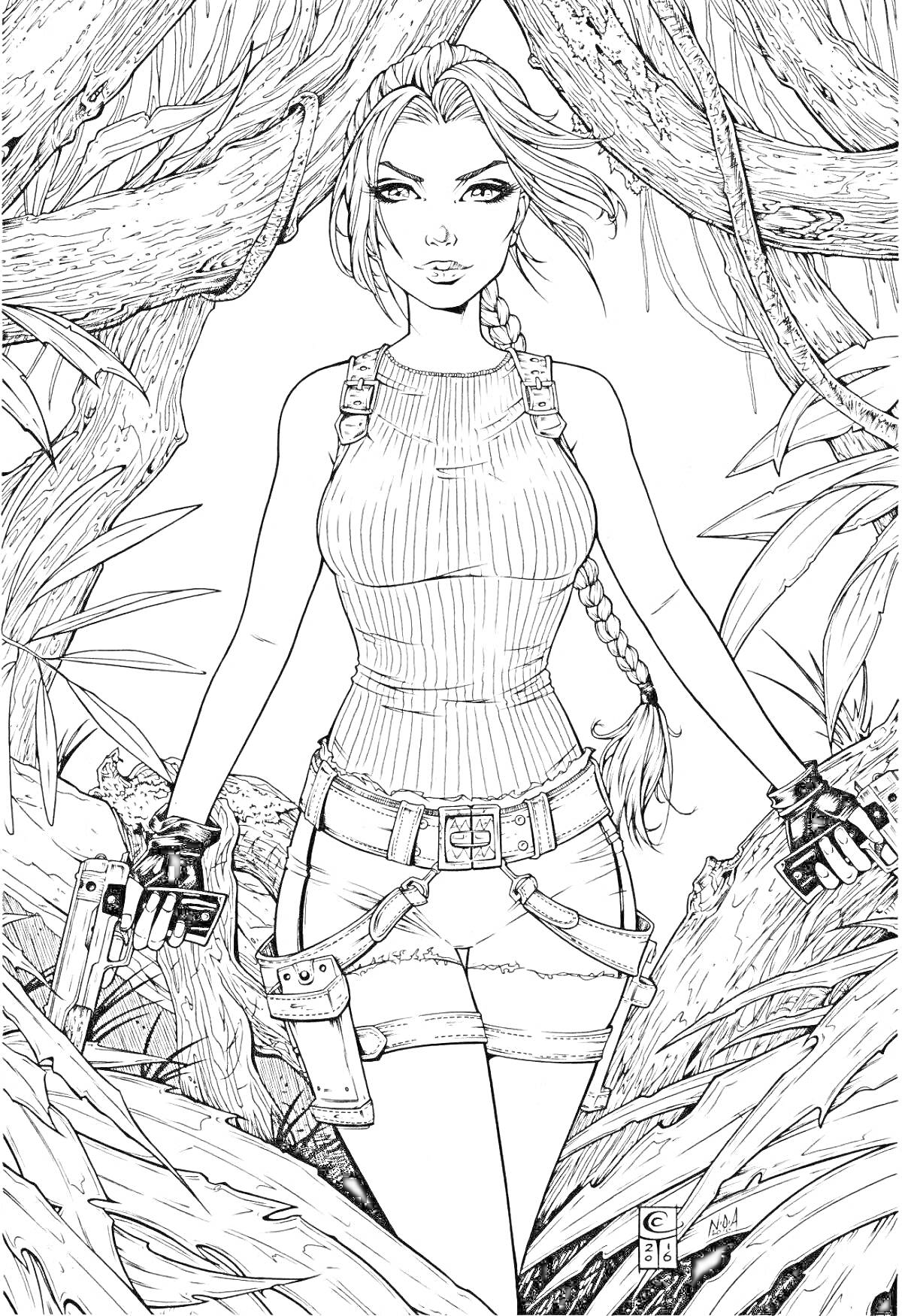 Раскраска Лара Крофт среди джунглей, с двумя пистолетами в руках, ветки деревьев вокруг