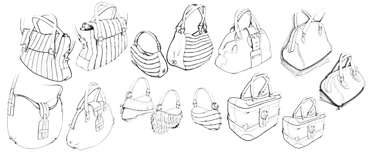 Раскраска Сумки разных стилей, 11 сумок разных форм и дизайнов включая полосатые, с кисточками и классические модели