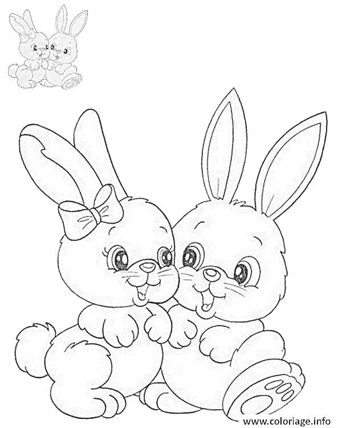 Раскраска Два зайчика с сердечком, зайка-девочка с бантиком и зайка-мальчик