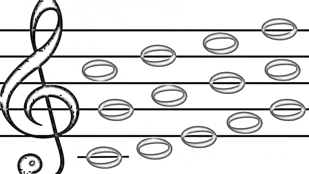 На раскраске изображено: Нотный стан, Скрипичный ключ, Ноты, Музыка, Музыкальные ноты, Музыкальные символы