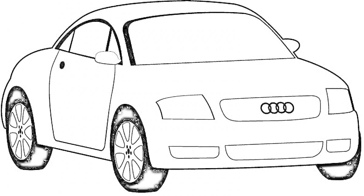 На раскраске изображено: Audi, Транспорт, Колёса, Фары, Зеркало