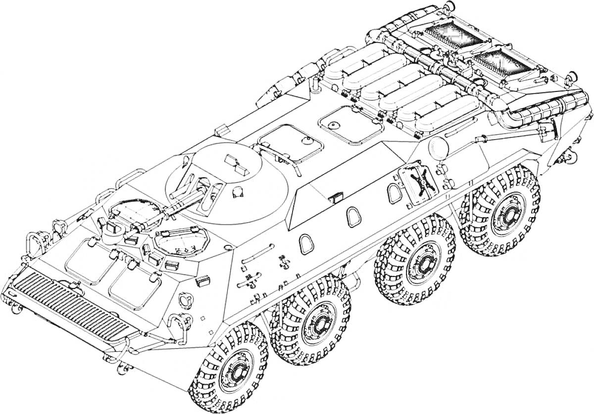 На раскраске изображено: Бронетранспортер, БТР, Военная техника, Оружие, Колёса, Люки