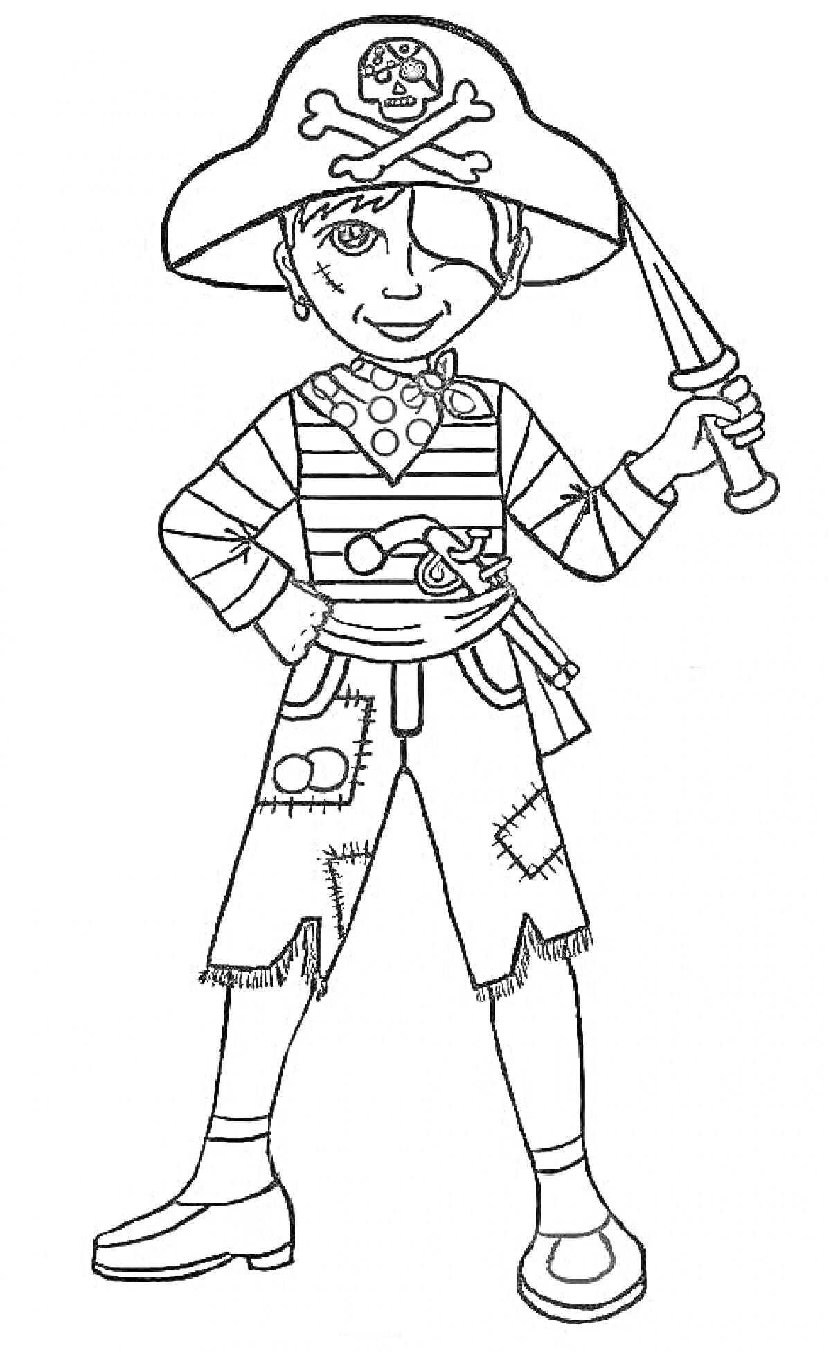 Раскраска Пиратский костюм с попугаем, пиратской шляпой с черепом, полосатым свитером, искусственным мечом, нашивками на штанах и ботинками