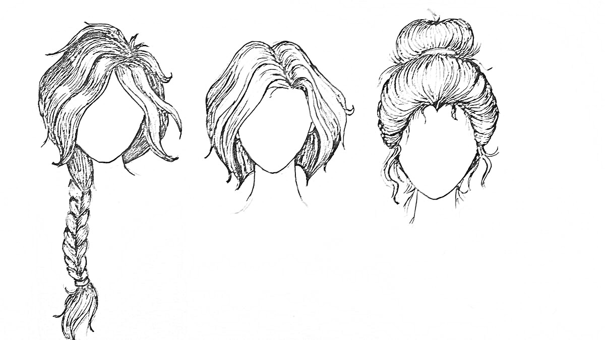 Раскраска Три женские прически: коса, короткие волосы и пучок