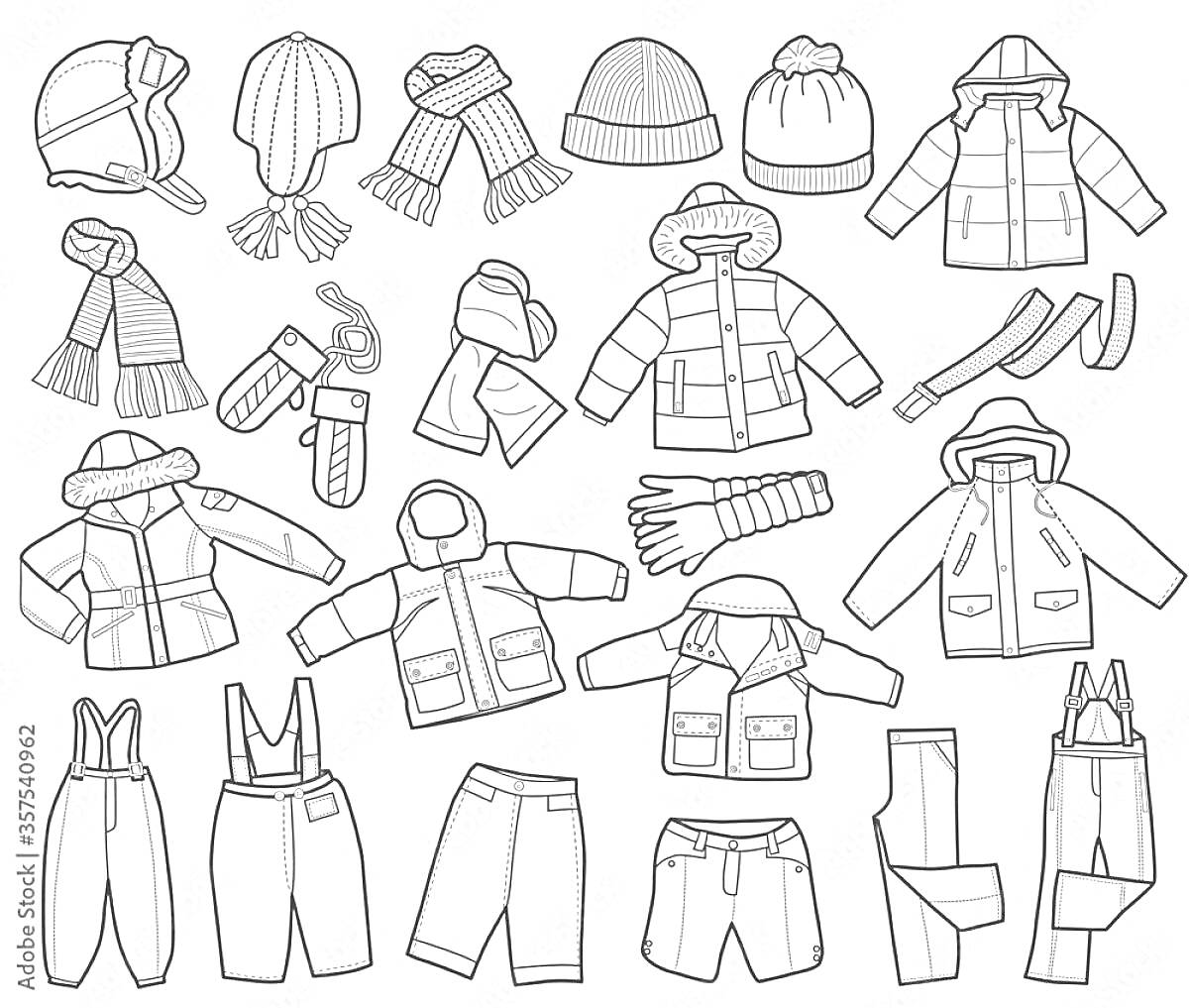 Раскраска Детская зимняя одежда для детского сада: шапка, шарф, перчатки, варежки, куртка, штаны, зимний костюм