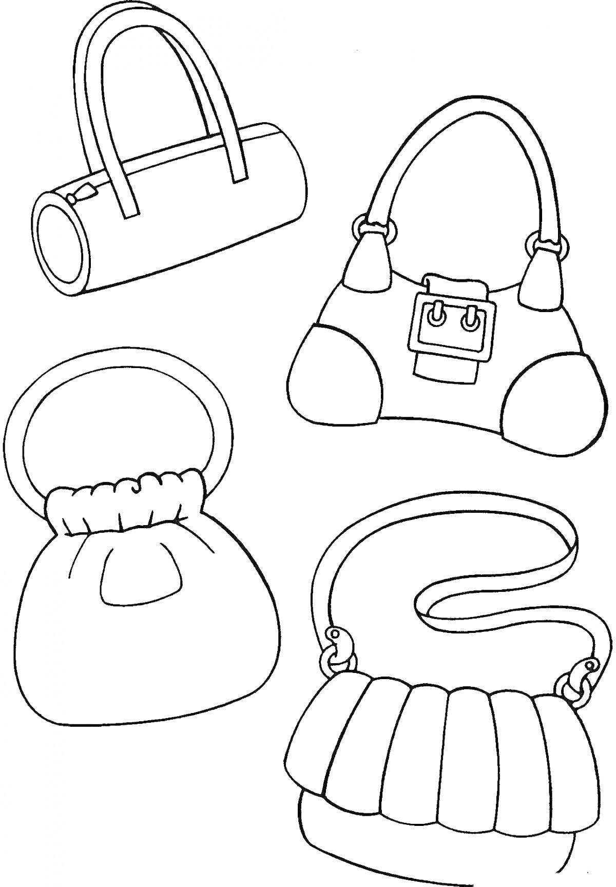 Раскраска Четыре сумочки разных форм: цилиндрическая с двумя ручками, с пряжкой и двумя ручками, с одним круглым замком, с длинным ремнем