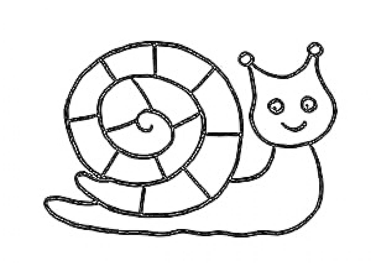 Раскраска Улитка с милой мордочкой и панцирем спиральной формы