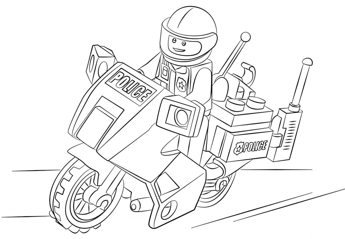 На раскраске изображено: Лего, Мотоцикл, Антенны, Полиция, Игрушки, Шлемы
