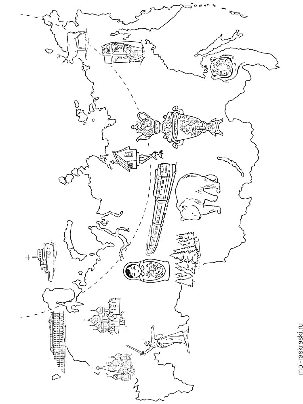 Раскраска Карта России с изображением кремля, тепловоза, нефтяной вышки, балалайки, ракеты, матрёшки, православного храма, стадиона, ледокола, оленя, медведя, леса и памятника Родина-мать