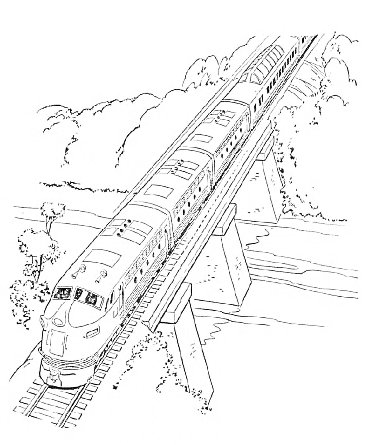 Раскраска Электричка на мосту среди деревьев и холмов