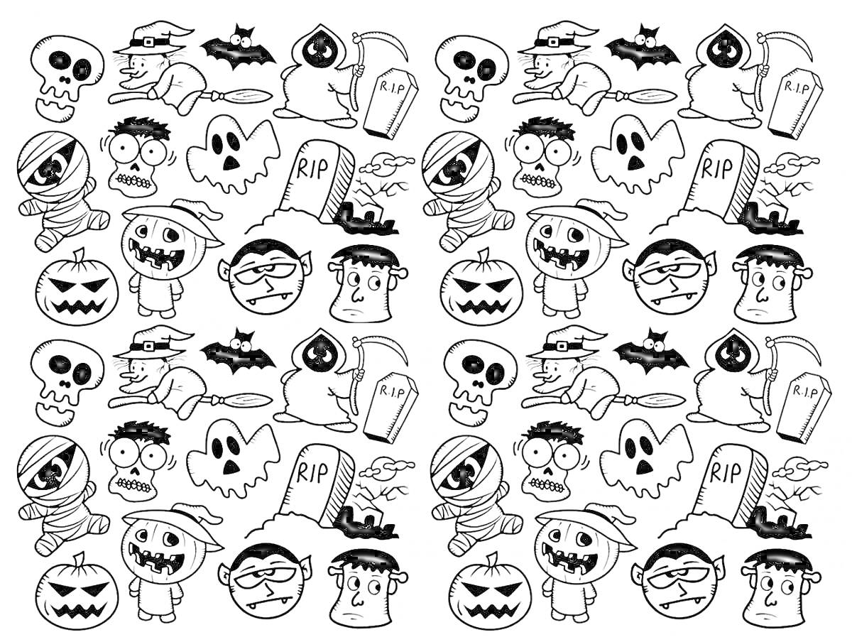 Раскраска Раскраска на тему Хэллоуина со множеством элементов, включая людей в костюмах, тыквы, привидения, надгробия, черепа, летучих мышей, мумий и знаки RIP