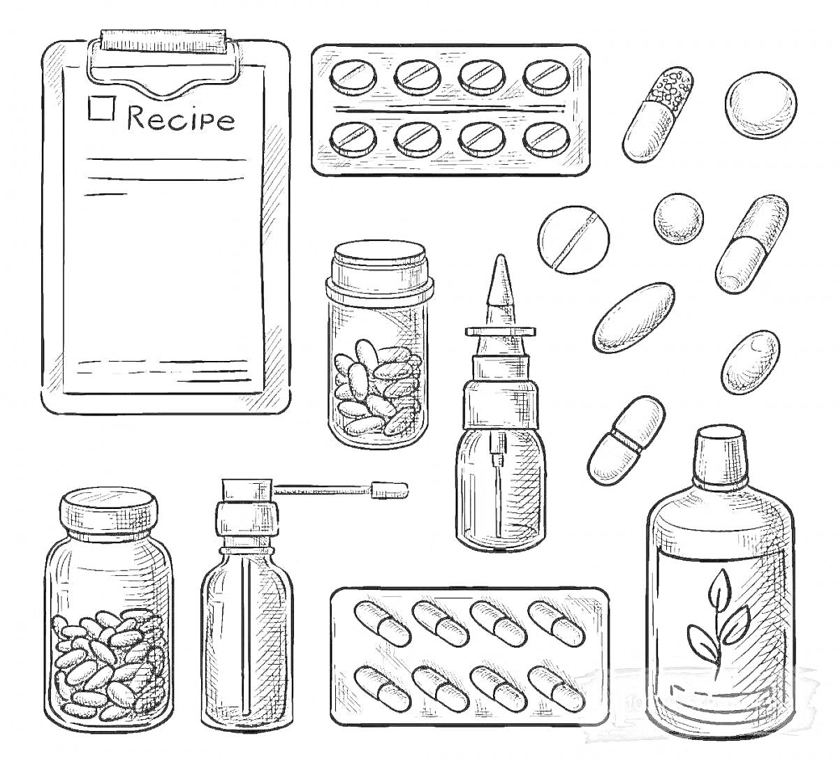 На раскраске изображено: Таблетки, Капсулы, Лекарства, Спрей, Капли, Сироп, Медикаменты, Аптека, Здоровье