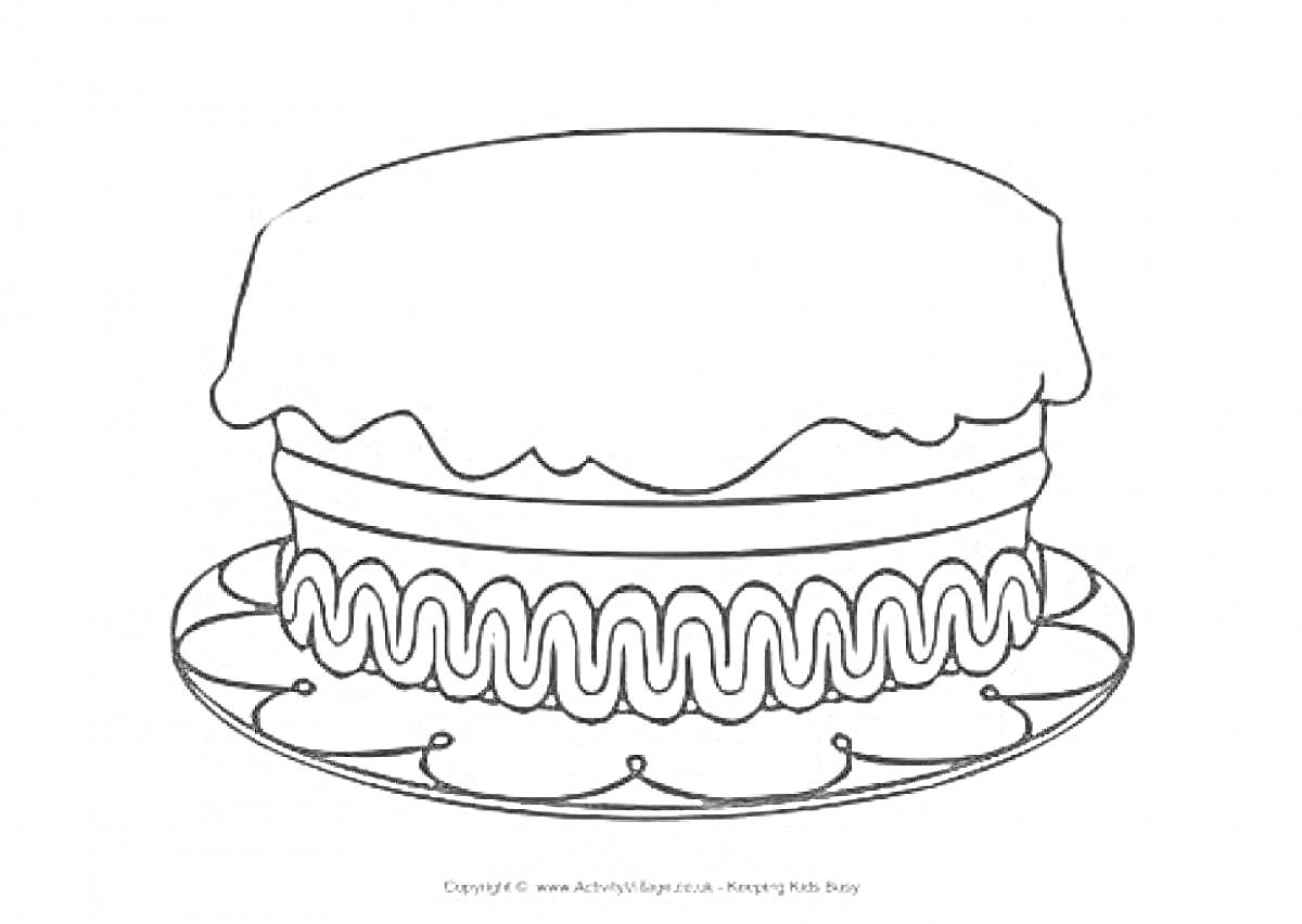 Раскраска Пирог с волнистым узором на тарелке
