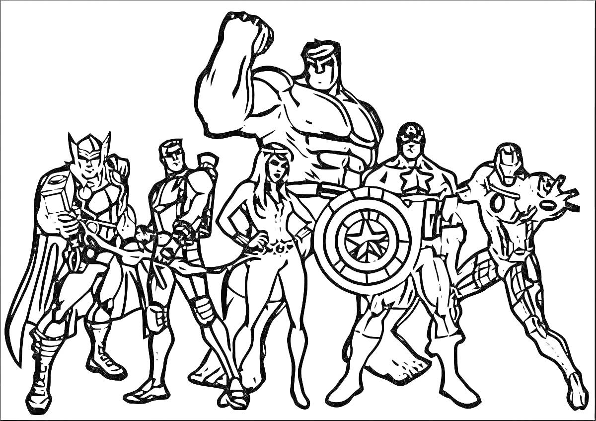 Раскраска Супергерои Мстители (Тор с молотом, Соколиный глаз с луком, Черная Вдова, Халк, Капитан Америка со щитом, Железный человек)