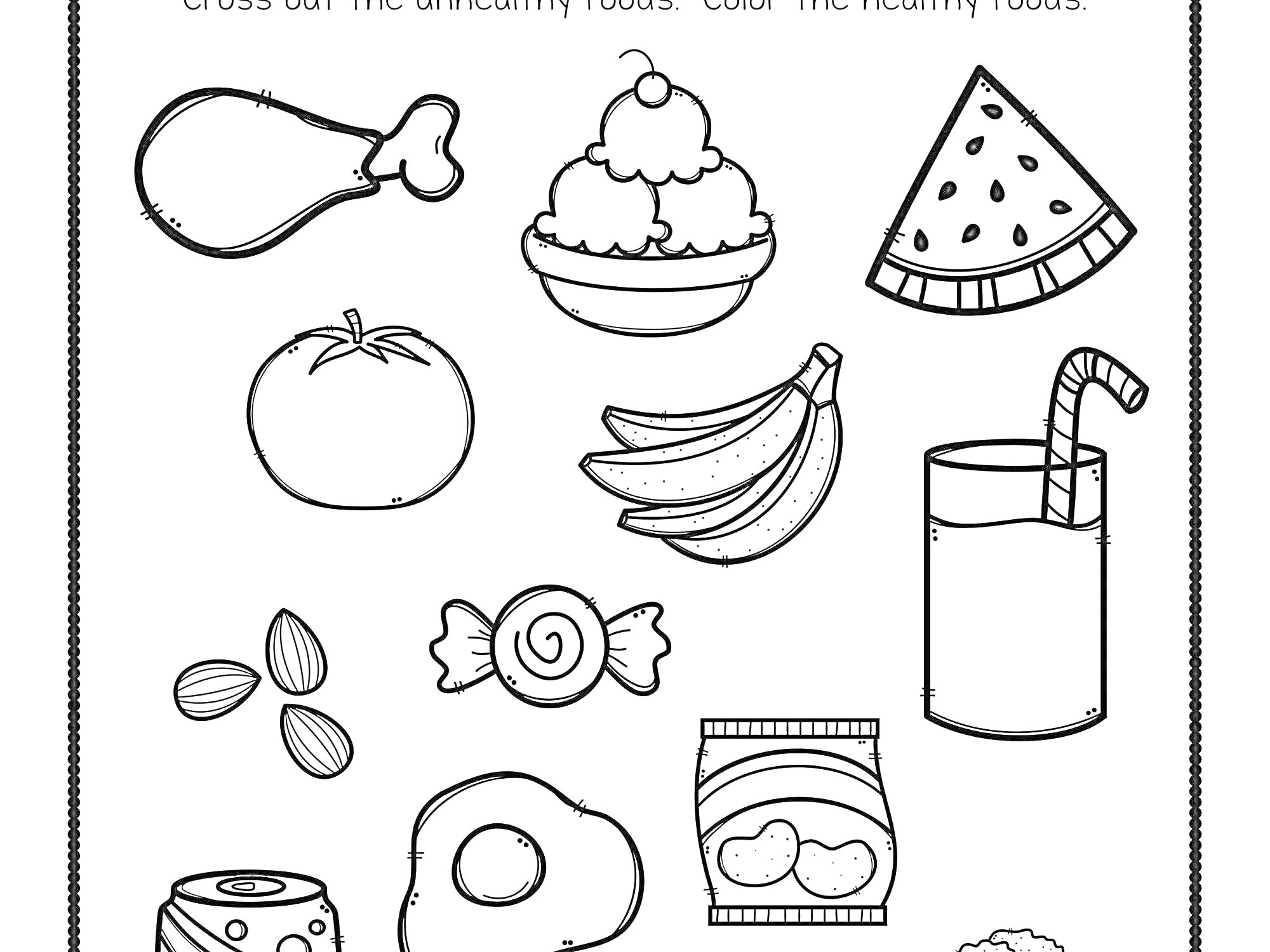 Раскраска Детская раскраска с продуктами питания - куриная ножка, мороженое, арбуз, помидор, бананы, сок, орехи, конфета, чипсы, авокадо.