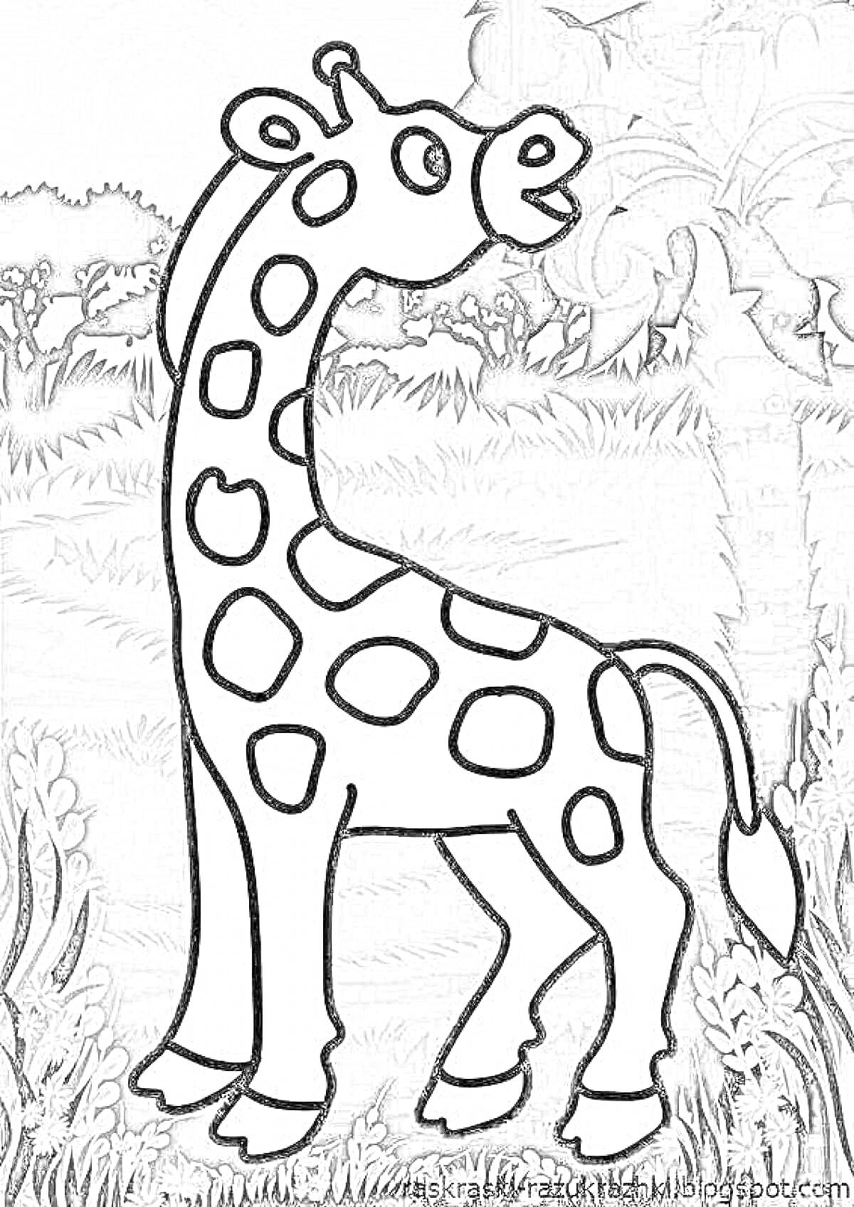 Раскраска Жираф на фоне африканского пейзажа с деревьями и растительностью