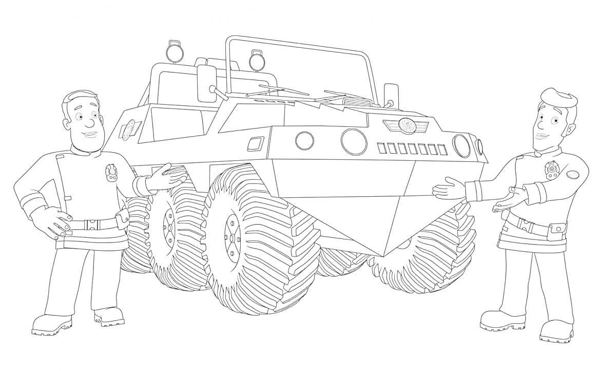 Раскраска Пожарный Сэм с водителем и пожарной машиной с большими колесами
