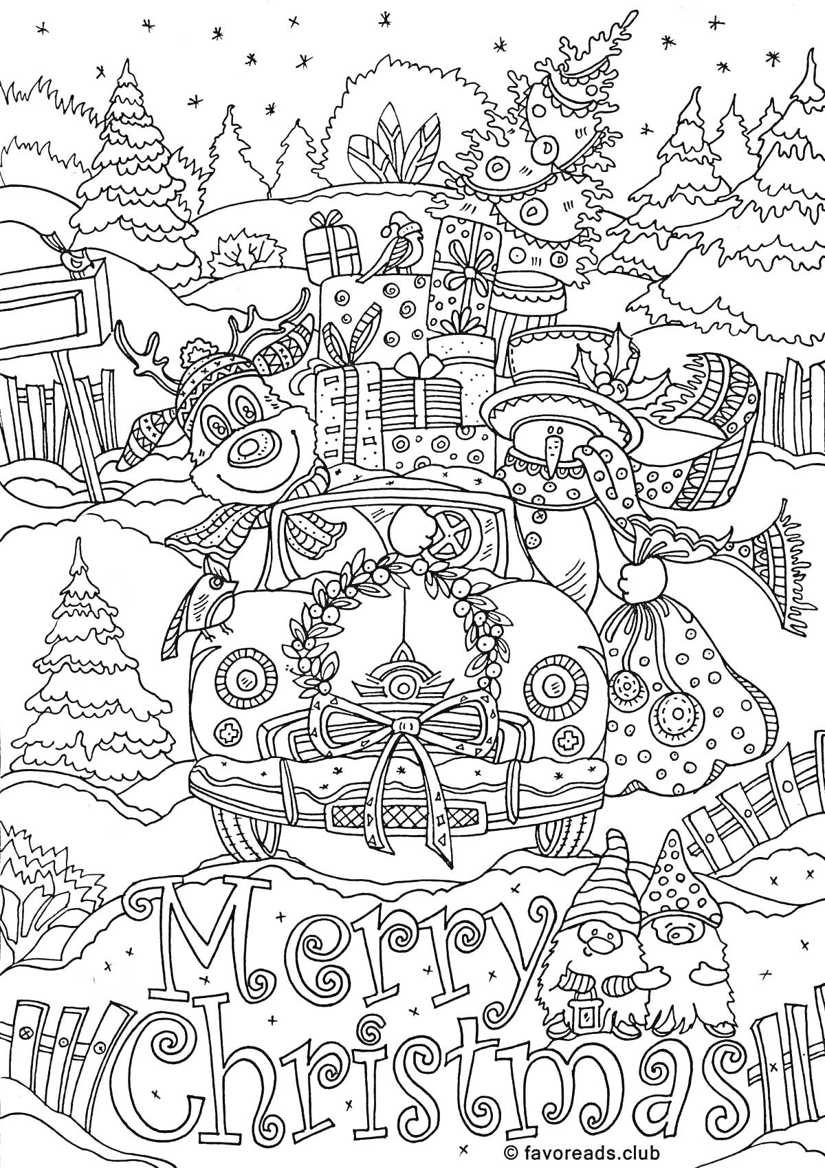 Раскраска Новогодняя антистресс раскраска: автомобиль с подарками, новогодняя елка, снежный пейзаж, надпись 