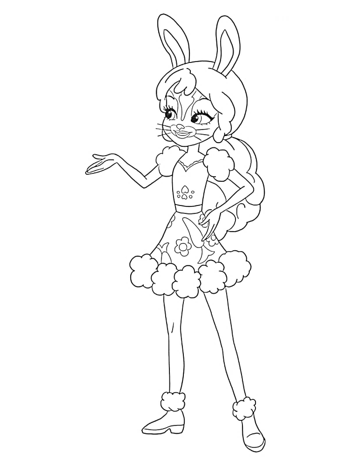 Раскраска Энчантималс - девочка с кроличьими ушами, в платье с декоративными элементами, цветами и меховыми вставками