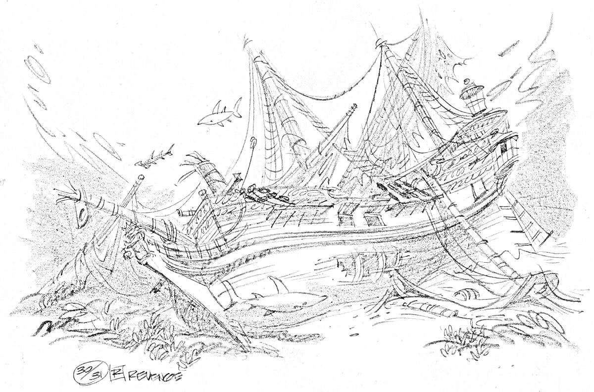 На раскраске изображено: Крушение, Пиратский корабль, Морское дно, Подводная растительность, Паруса, Мачта