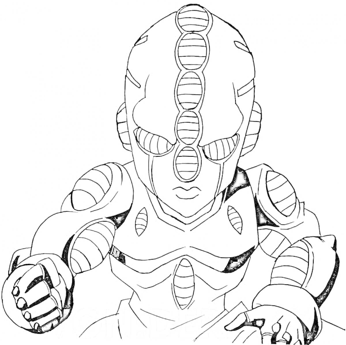 Раскраска Стенд из JoJo's Bizarre Adventure с круглыми элементами на теле, маской с круглыми узорами и поднятыми кулаками