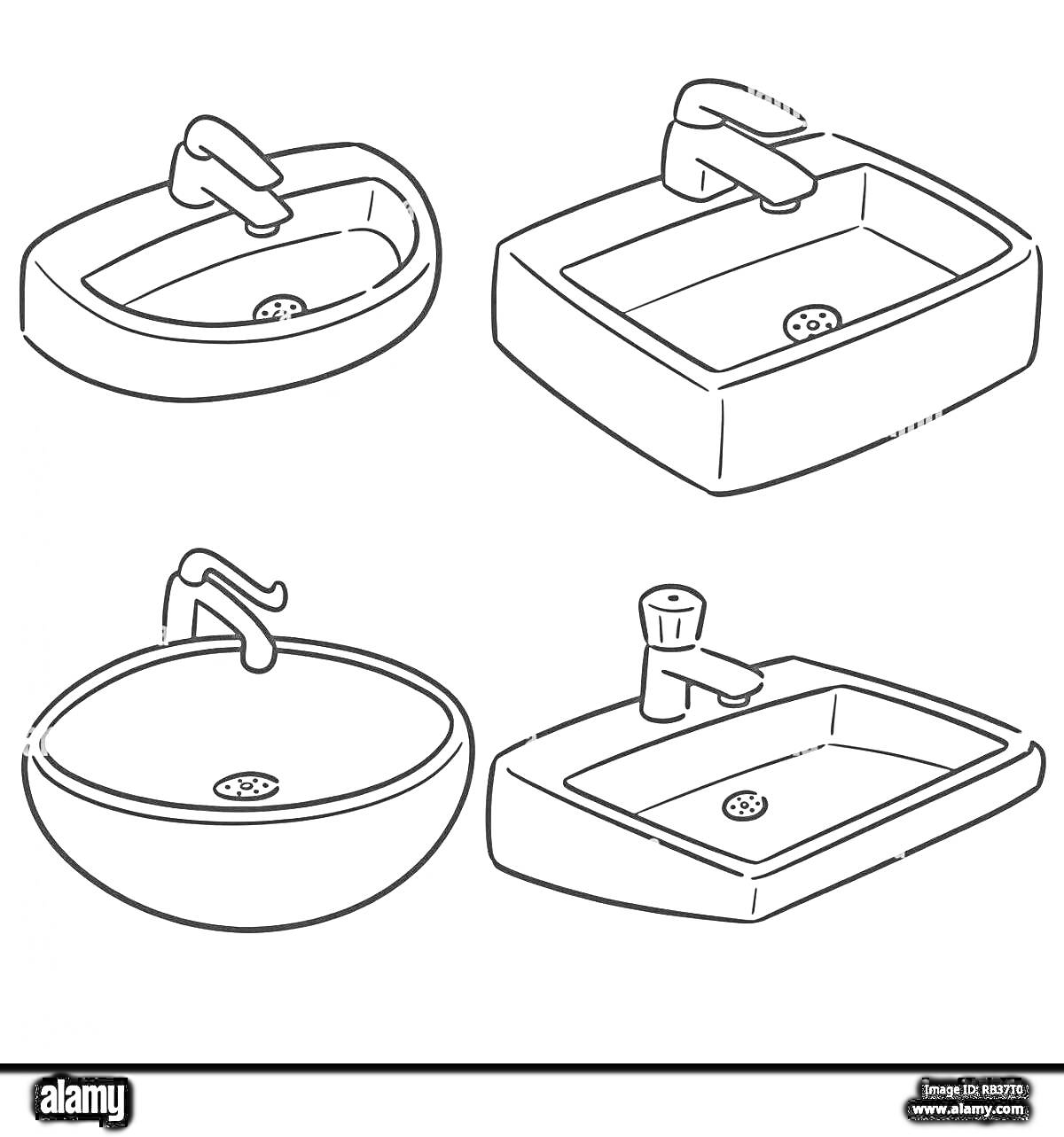 Раскраска четыре раковины с кранами различной формы, круглая, овальная и прямоугольная