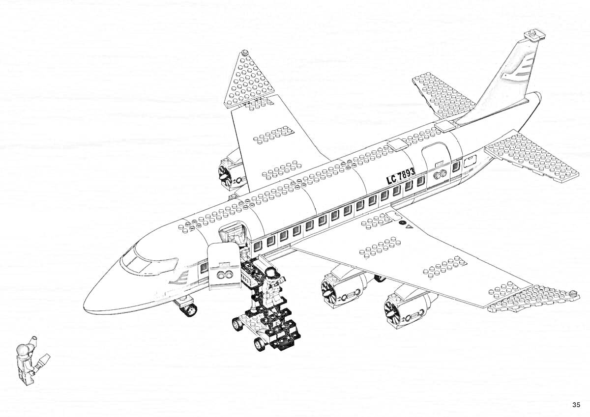 Раскраска Лего самолет с выдвигающейся стойкой шасси и фигуркой человека