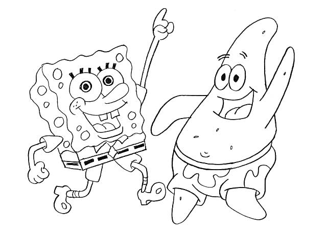 Раскраска Губка Боб и Патрик Стар танцуют и улыбаются