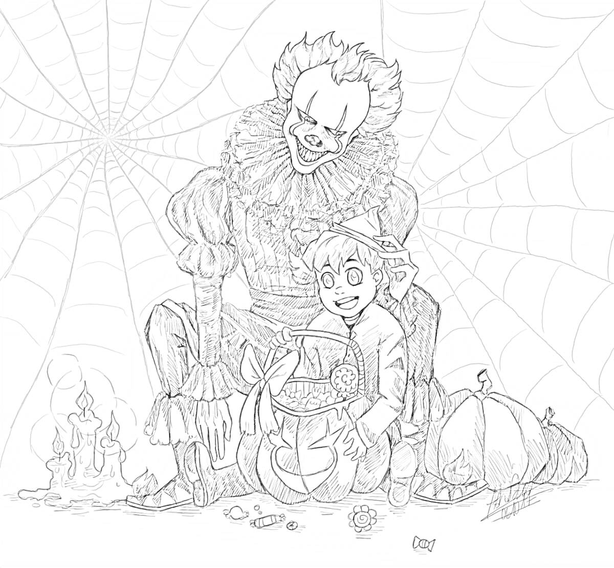 Раскраска Клоун Пеннивайз и ребёнок на фоне паутины с тыквами, конфетами и свечами