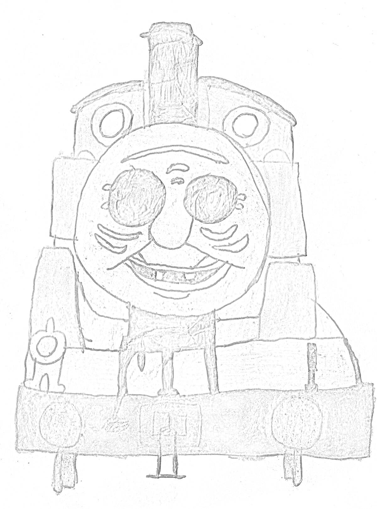 Раскраска Поезд пожиратель с большими черными глазами и фигуркой человека