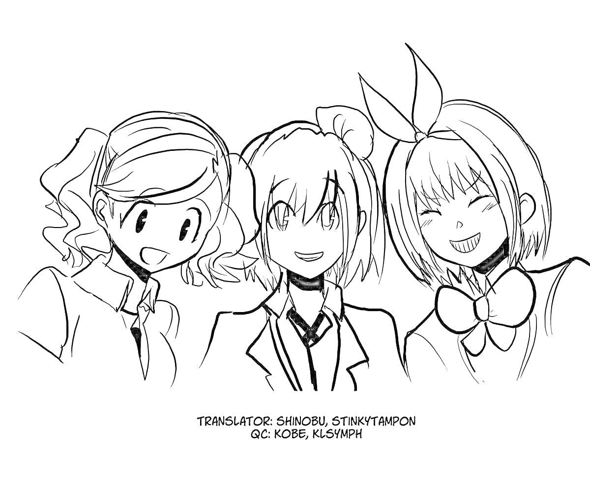 Раскраска Три девушки в школьной форме с разными причёсками и аксессуарами