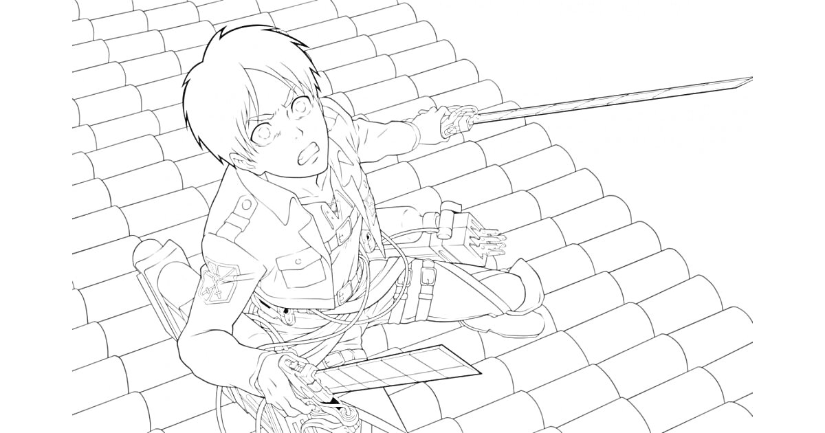 Воин с мечом на крыше зданий из аниме 