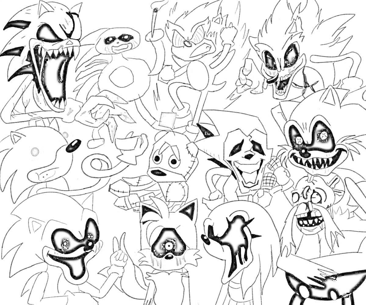 Раскраска Разные персонажи в стиле Sonic.exe, включающие Соника и других героев с пугающими чертами лица и зловещими выражениями.
