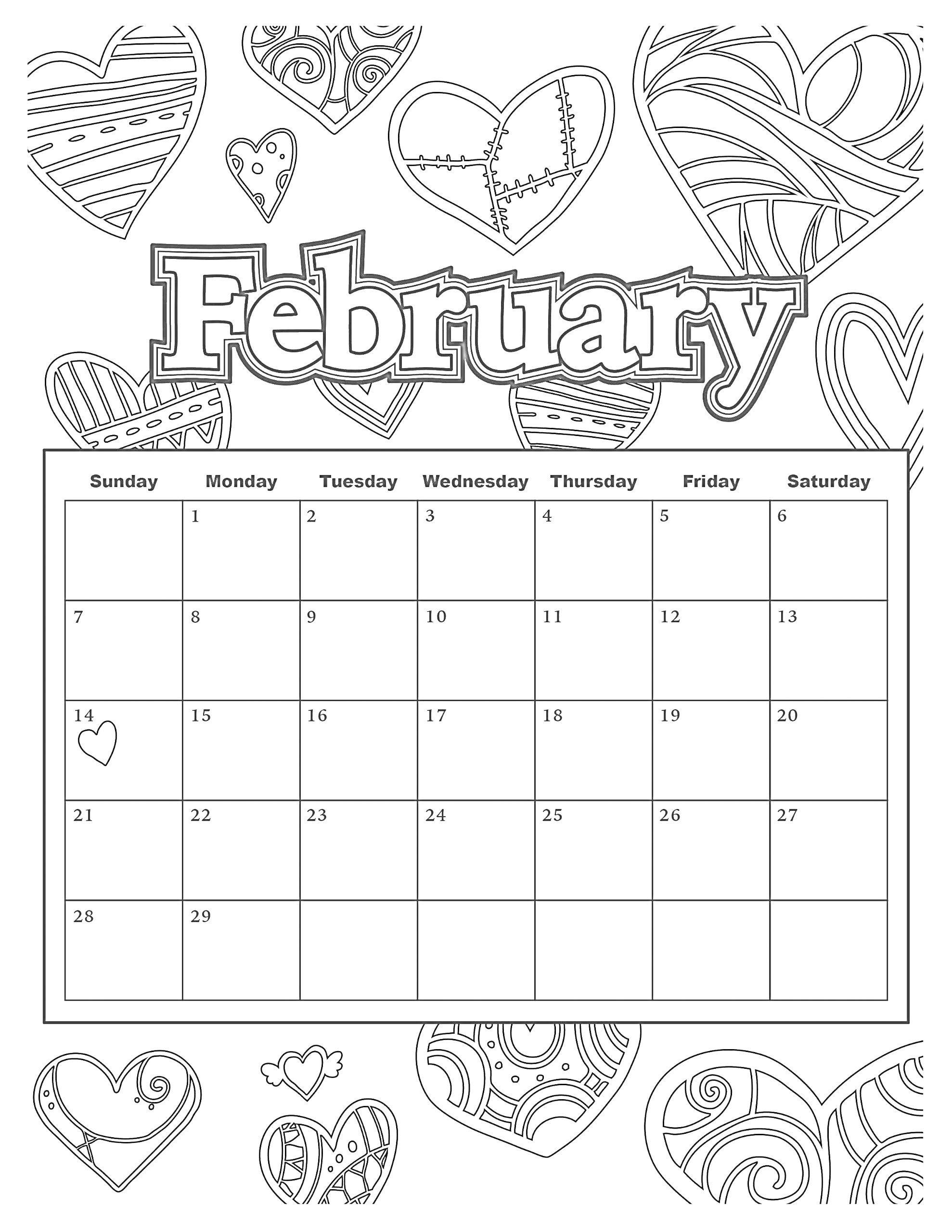 Раскраска Календарь на февраль с различными сердцами и узорами для раскрашивания