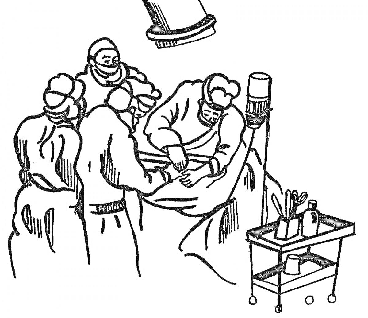 На раскраске изображено: Операция, Операционный стол, Капельница, Медицинские инструменты