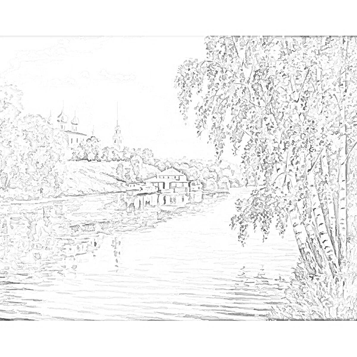 Раскраска Пейзаж с церковью и домами на берегу реки, деревьями и березами на переднем плане